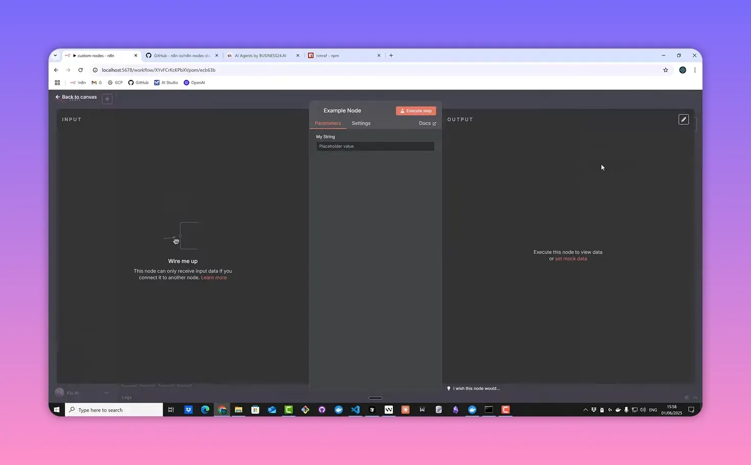 n8n example custom node panel showing parameters and Execute step button