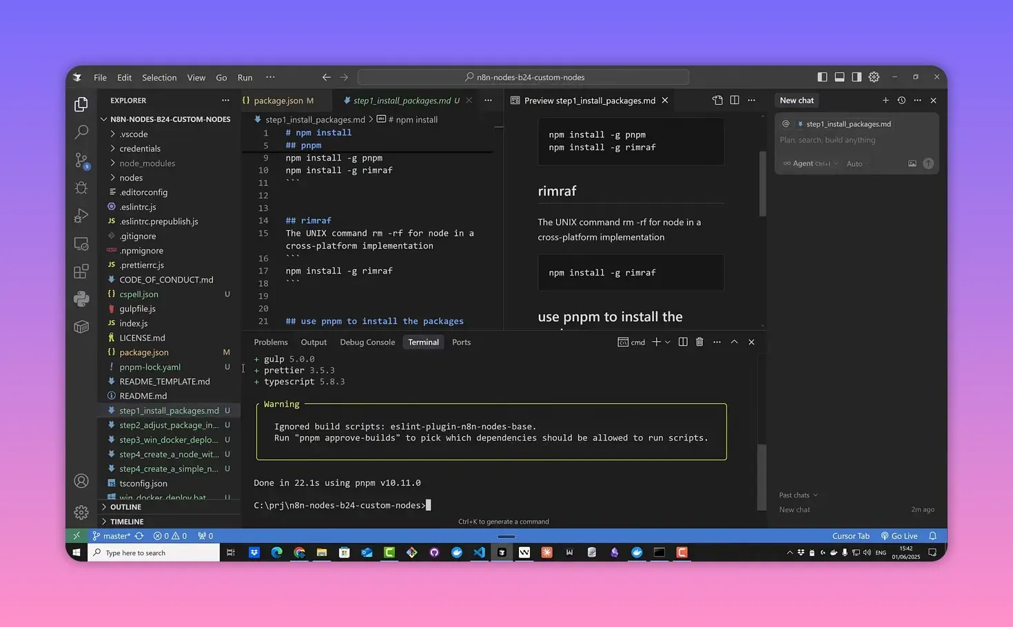 VS Code terminal showing 'Done in 22.1s using pnpm v10.11.0' and a yellow warning box advising 'pnpm approve-builds' for build scripts