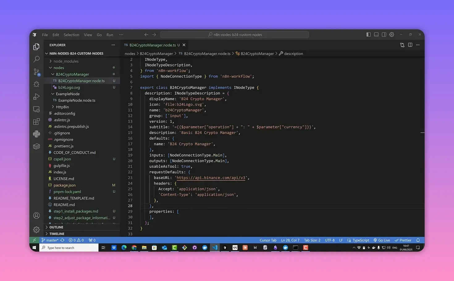 Clear VS Code screenshot of B24CryptoManager.node.ts showing requestDefaults.baseURL set to 'https://api.binance.com/api/v3' and the node properties