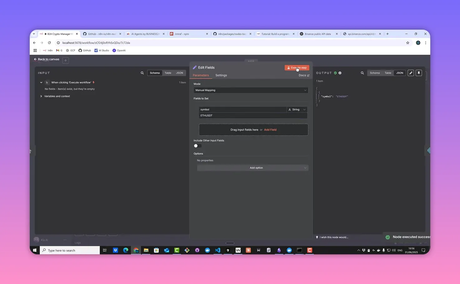 n8n Edit Fields with symbol set to ETHUSDT and output JSON showing the symbol