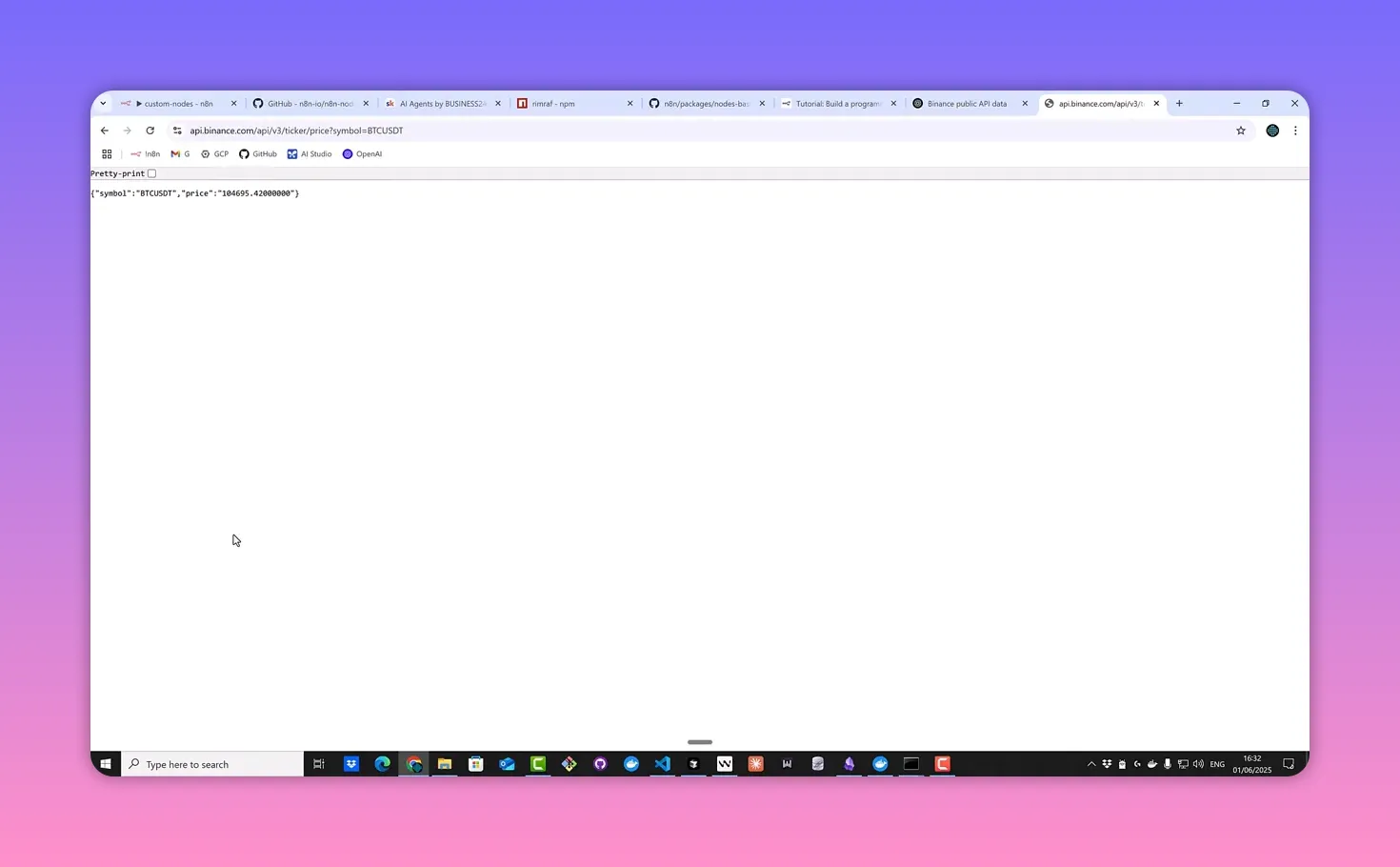 Binance API JSON response showing 