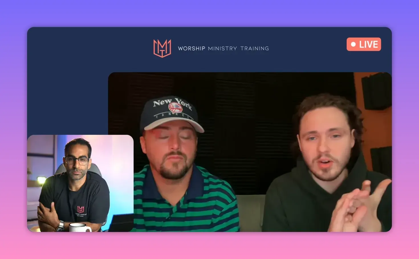 Worship Ministry Training livestream showing two speakers gesturing and a small inset host window