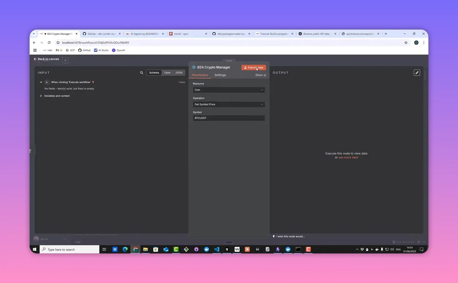 Execute step button on B24 Crypto Manager node in n8n showing symbol BTCUSDT